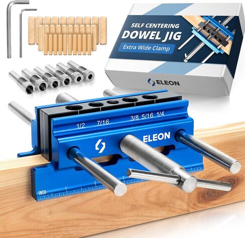 ELEON Self Centering Dowel Jig with Elongated Jaws & Extra Wide Clamp up to 6.7" - Precision Woodworking Made Effortless - Lasting Craftsmanship - Aluminum Alloy Drill with Guide & 6pcs Drill Bushings in Kuwait