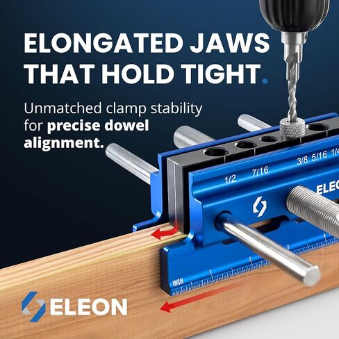 ELEON Self Centering Dowel Jig with Elongated Jaws & Extra Wide Clamp up to 6.7" - Precision Woodworking Made Effortless - Lasting Craftsmanship - Aluminum Alloy Drill with Guide & 6pcs Drill Bushings in Kuwait