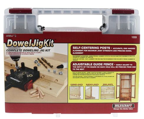 Milescraft 1333 DowelJig Kit - Self-Centering Handheld Dowel Jig with 3 Metal Bushing Sizes (1/4in, 5/16in, 3/8in) - Complete with all Accessories in Kuwait