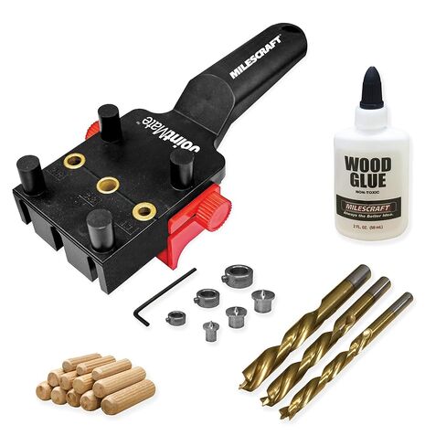 Milescraft 1333 DowelJig Kit - Self-Centering Handheld Dowel Jig with 3 Metal Bushing Sizes (1/4in, 5/16in, 3/8in) - Complete with all Accessories in Kuwait
