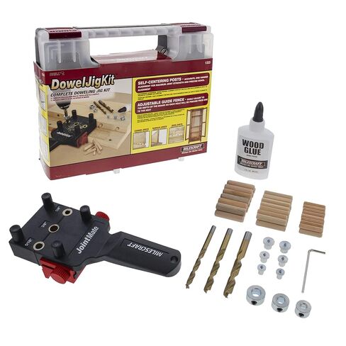 Milescraft 1333 DowelJig Kit - Self-Centering Handheld Dowel Jig with 3 Metal Bushing Sizes (1/4in, 5/16in, 3/8in) - Complete with all Accessories in Kuwait