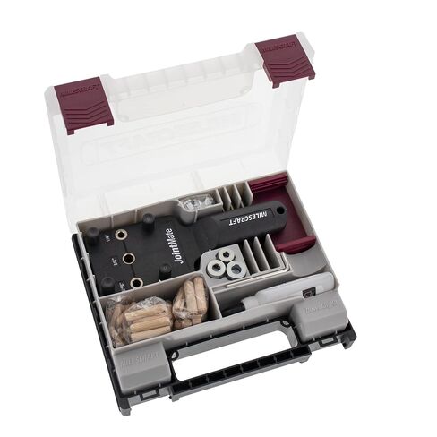 Milescraft 1333 DowelJig Kit - Self-Centering Handheld Dowel Jig with 3 Metal Bushing Sizes (1/4in, 5/16in, 3/8in) - Complete with all Accessories in Kuwait