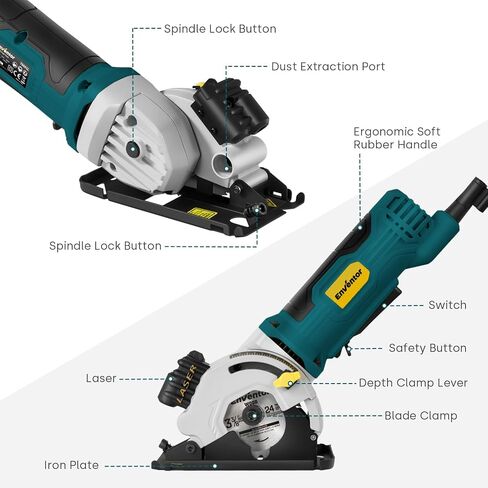Enventor 4.8A Mini Circular Saw Corded with Laser Guide, 3 Saw Blades | 3-3/8" Power Electric Circular Saw Compact for Wood, Soft Metal, Tile, Plastic, Max Cutting Depth 1-1/16" in Kuwait