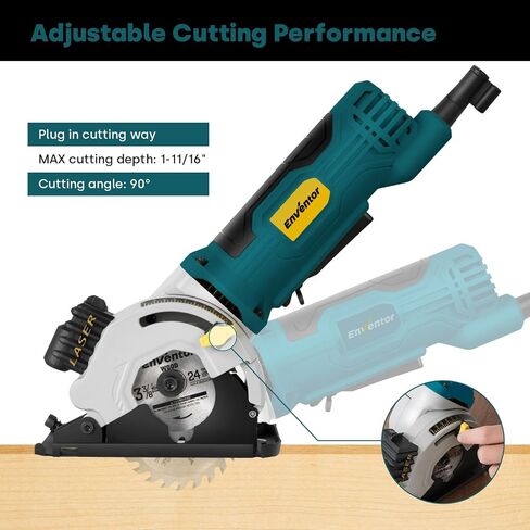 Enventor 4.8A Mini Circular Saw Corded with Laser Guide, 3 Saw Blades | 3-3/8" Power Electric Circular Saw Compact for Wood, Soft Metal, Tile, Plastic, Max Cutting Depth 1-1/16" in Kuwait