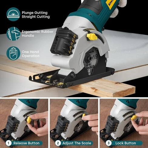 Enventor 4.8A Mini Circular Saw Corded with Laser Guide, 3 Saw Blades | 3-3/8" Power Electric Circular Saw Compact for Wood, Soft Metal, Tile, Plastic, Max Cutting Depth 1-1/16" in Kuwait