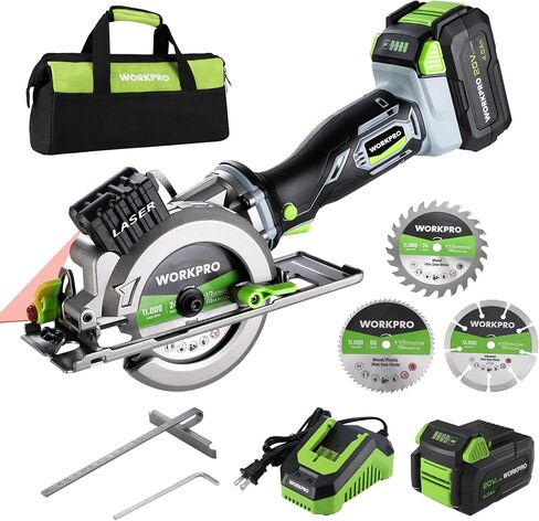 WORKPRO 20V Cordless Mini Circular Saw, 4-1/2" Compact Wireless Circular Saw 4.0Ah Battery, Fast Charger, 3 Blades, 4500RPM, Laser Guide, Max Cutting Depth 1-11/16"(90°), 1-1/8"(45°) in Kuwait