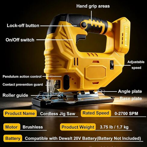 Cordless Jig Saw Compatible with Dewalt 20V Battery, Brushless Jig Saw with 6pcs Blades, 4 Orbital Sets for Wood, Plastic and Metal Cutting (Tool Only, No Battery) in Kuwait