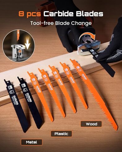 Cordless Reciprocating Saw With 8 Blades – 2×4000mAh Batteries, Brushless Motor, Variable Speed 0‑3200 SPM, Tool‑Free Blade Change, Power Reciprocating Saw for PVC Wood, Metal Cutting DIY in Kuwait