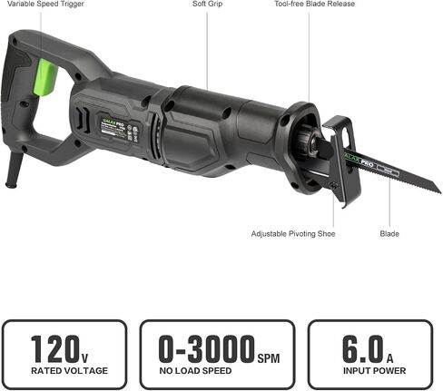 GALAX PRO 120V Reciprocating Saw, 6.0 Amp Corded Electric with 2800RPM | for DIY & Contractor Cutting Wood/Metal/PVC Pipe, Variable Speed, 1-1/8" Stroke Length, 6" Max Cut in Kuwait