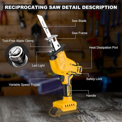 Cordless Reciprocating Saw for Dewalt 20V Battery, 150W Power Brush Reciprocating Saws, 0-3500 SPM Variable Speed, 4 Saw Blades Kit Cutting Tool for Wood Metal PVC (Battery Not Included) in Kuwait