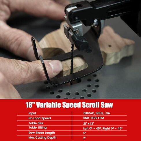 BUCKTOOL 18-Inch Scroll Saw, 1.3A Power Scroll Saws for Woodworking | 550-1600 FPM Blade Speed, Rotating Saw Arm, 15 TPI Pinned and 18 TPI Pinless Blades for Crafting, Fretwork and Bevel Cuts in Kuwait