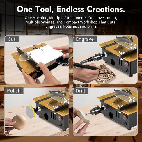 Super Mini Table Saw for Crafts & Hobbyists, [Dual Motor & Switches] 7 Speeds 200W Max, Multifunctional, 122+ Accessories, Cut/Engrave/Polish/Drill, Compact for Model Making, Gift for Creators in Kuwait