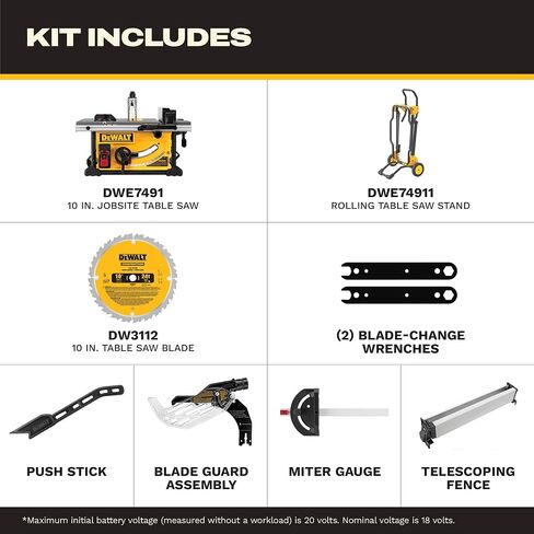 DEWALT Table Saw 10 Inch with Foldable Rolling Table Saw Stand, 15 Amp, 4800 RPM, 32-1/2-Inch Rip Capacity (DWE7491RS) in Kuwait
