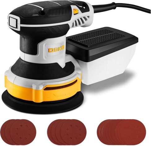 Orbital Sander Corded Hand Sander: DEKOPRO 5" Random Orbital Sander with Dust Box, 6 Various Speeds Electric Palm Sander with Dust Box, 16Pcs Sandpapers for Woodworking & Sanding-Yellow in Kuwait