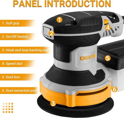 Orbital Sander Corded Hand Sander: DEKOPRO 5" Random Orbital Sander with Dust Box, 6 Various Speeds Electric Palm Sander with Dust Box, 16Pcs Sandpapers for Woodworking & Sanding-Yellow in Kuwait