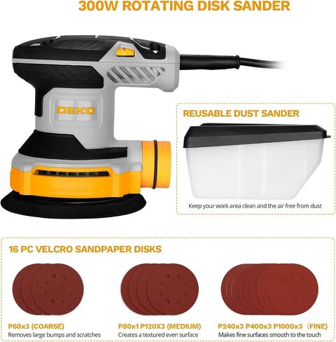 Orbital Sander Corded Hand Sander: DEKOPRO 5" Random Orbital Sander with Dust Box, 6 Various Speeds Electric Palm Sander with Dust Box, 16Pcs Sandpapers for Woodworking & Sanding-Yellow in Kuwait