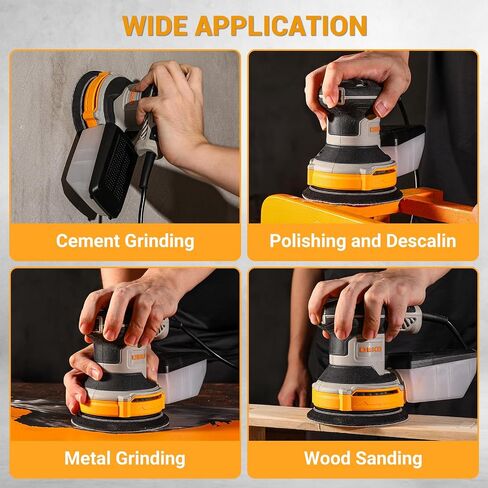 Orbital Sander Corded Hand Sander: DEKOPRO 5" Random Orbital Sander with Dust Box, 6 Various Speeds Electric Palm Sander with Dust Box, 16Pcs Sandpapers for Woodworking & Sanding-Yellow in Kuwait