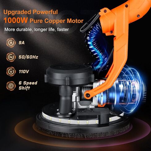 Drywall Sander, 1000W Popcorn Ceiling Removal Tool, Automatic Drywall Sander with Vacuum Dust Collection, LED Light, 6 Variable Speed 800-2200RPM, Foldable & Extendable Handle,15Pcs Sanding Discs in Kuwait
