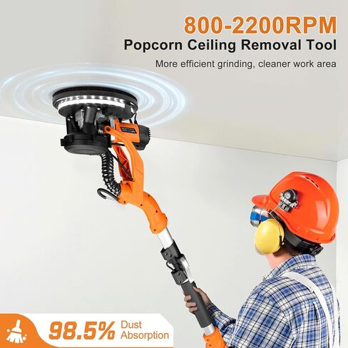 Drywall Sander, 1000W Popcorn Ceiling Removal Tool, Automatic Drywall Sander with Vacuum Dust Collection, LED Light, 6 Variable Speed 800-2200RPM, Foldable & Extendable Handle,15Pcs Sanding Discs in Kuwait