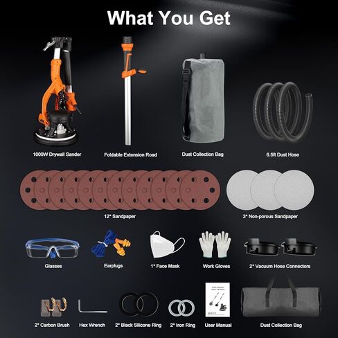 Drywall Sander, 1000W Popcorn Ceiling Removal Tool, Automatic Drywall Sander with Vacuum Dust Collection, LED Light, 6 Variable Speed 800-2200RPM, Foldable & Extendable Handle,15Pcs Sanding Discs in Kuwait