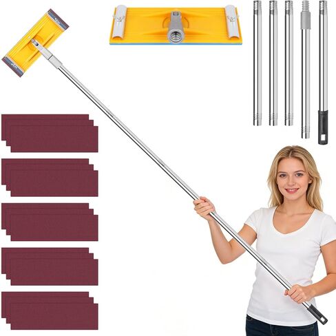 Pole Sander For Drywall Adjustable Extension - Manual Hand Sanding Pole, Wall Sander for Painting Prep, Complete with 15pcs Sanding Sheets, 12-55inch (3 Pieces Each of 60, 80, 180, 240, 320 Grit) in Kuwait