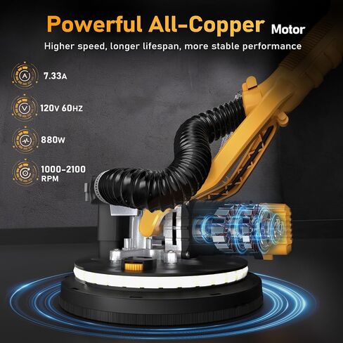 GEVEELIFE Drywall Sander, 880W 7.33A Electric Drywall Sander with Vacuum Dust Collector, 5 Variable Speed 1000-2100RPM, LED Light, Foldable & Extendable Handle, 12 Sanding Discs in Kuwait