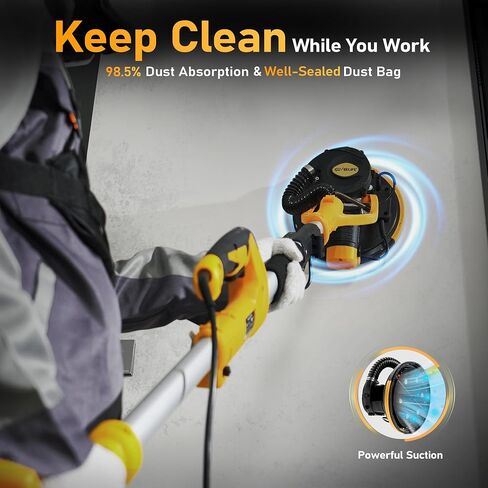 GEVEELIFE Drywall Sander, 880W 7.33A Electric Drywall Sander with Vacuum Dust Collector, 5 Variable Speed 1000-2100RPM, LED Light, Foldable & Extendable Handle, 12 Sanding Discs in Kuwait