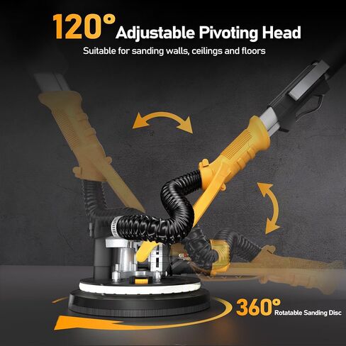 GEVEELIFE Drywall Sander, 880W 7.33A Electric Drywall Sander with Vacuum Dust Collector, 5 Variable Speed 1000-2100RPM, LED Light, Foldable & Extendable Handle, 12 Sanding Discs in Kuwait