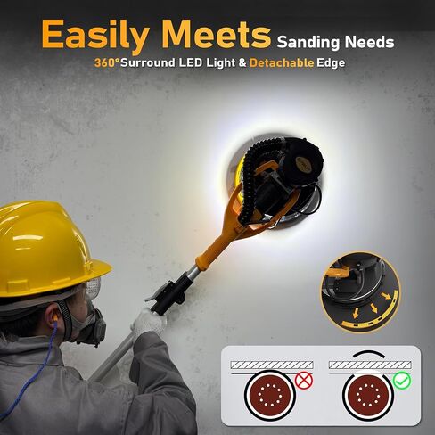 GEVEELIFE Drywall Sander, 880W 7.33A Electric Drywall Sander with Vacuum Dust Collector, 5 Variable Speed 1000-2100RPM, LED Light, Foldable & Extendable Handle, 12 Sanding Discs in Kuwait