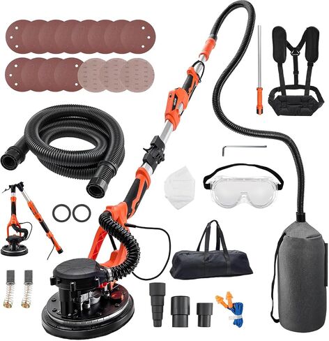 VEVOR Drywall Sander, 1150W Electric Drywall Sander, Popcorn Ceiling Removal Tool with Vacuum Dust Collection, 5 Variable Speed 800-1700 RPM, LED Light, Foldable & Extendable Handle, 15 Sanding Discs in Kuwait