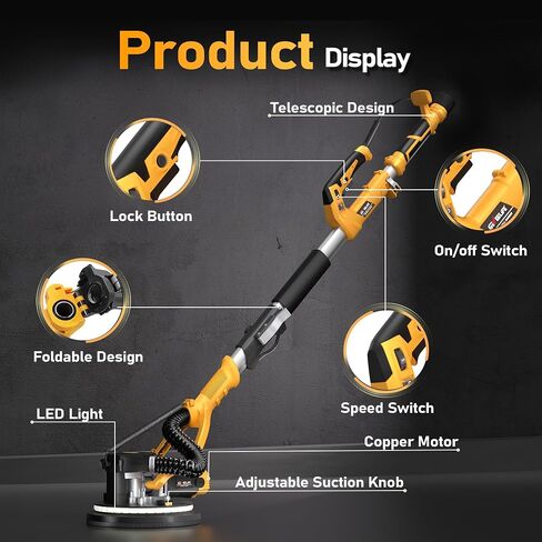 GEVEELIFE Drywall Sander, 880W 7.33A Electric Drywall Sander with Vacuum Dust Collector, 5 Variable Speed 1000-2100RPM, LED Light, Foldable & Extendable Handle, 12 Sanding Discs in Kuwait