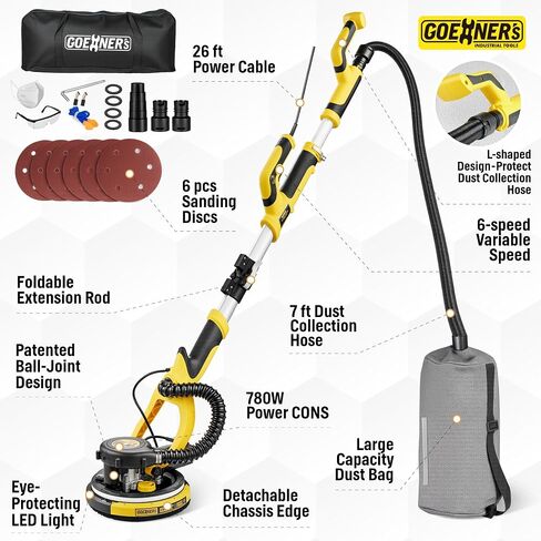 Drywall Sander, Electric Drywall Sander with Vacuum, Automatic Dust Removal, 7 Variable Speed, 900-1800RPM, 26’ Power Cord, Labor-Saving Handle and Patented Fixture for Ceiling Sanding, LED Light in Kuwait