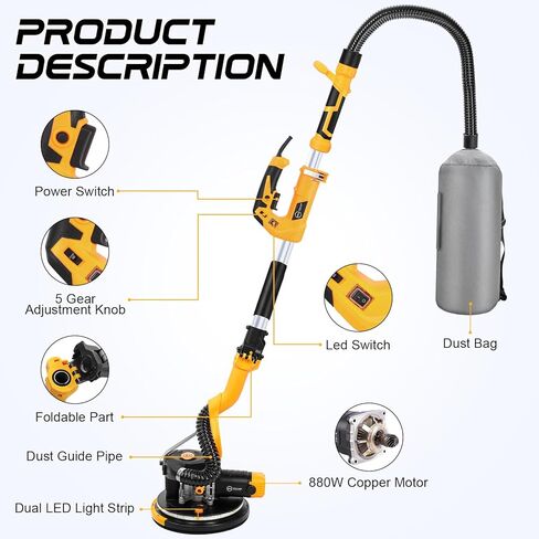 Drywall Sander, 880W Variable Speed With Vacuum, Led Light | 1100-2100 Rpm, Foldable Extension Handle, 12 Sanding Discs, For Walls And Popcorn Ceilings in Kuwait