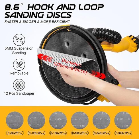 Drywall Sander, 880W Variable Speed With Vacuum, Led Light | 1100-2100 Rpm, Foldable Extension Handle, 12 Sanding Discs, For Walls And Popcorn Ceilings in Kuwait