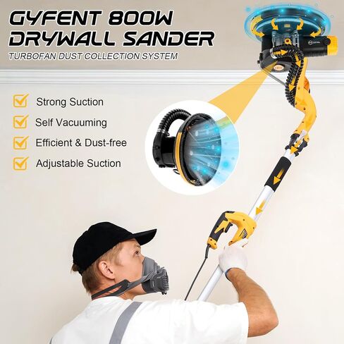 Drywall Sander, 880W Variable Speed With Vacuum, Led Light | 1100-2100 Rpm, Foldable Extension Handle, 12 Sanding Discs, For Walls And Popcorn Ceilings in Kuwait