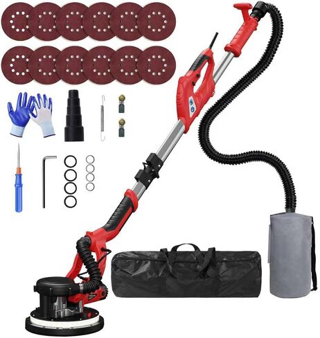 Drywall Sander, 2025 Upgraded 8-Amp Popcorn Ceiling Removal Tool with 7 Variable Speed 800-1800RPM, Drywall Sander with Vacuum Dust Collector with Extendable Handle, LED Light, 12pcs Sanding Discs,Red in Kuwait