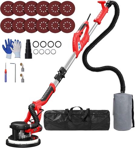 Drywall Sander, 2025 Upgraded 8-Amp Popcorn Ceiling Removal Tool with 7 Variable Speed 800-1800RPM, Drywall Sander with Vacuum Dust Collector with Extendable Handle, LED Light, 12pcs Sanding Discs,Red in Kuwait