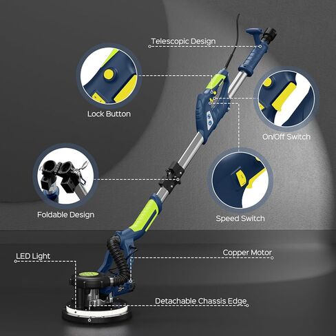 Drywall Sander, 2025 Upgraded 8-Amp Popcorn Ceiling Removal Tool with 7 Variable Speed 800-1800RPM, Drywall Sander with Vacuum Dust Collector with Extendable Handle, LED Light, 12pcs Sanding Discs,Red in Kuwait