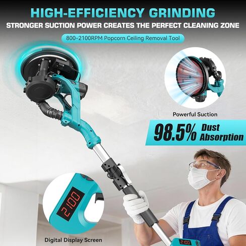 Drywall Sander with Vacuum Dust Collector, 1000W Popcorn Ceiling Removal Tool, Electric Drywall Sander with Digital Display Screen 9 Variable Speed 800-2100RPM, Foldable & Extendable Handle in Kuwait