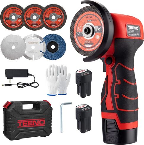 TEENO Cordless Angle Grinder Kit, 19,500 RPM Mini Electric Angle Grinding Tool with 2 pcs 16.8V 2000mAh Batteries and 6 Cutting Discs, 3-Inch Handheld Grinder for Metal/Wood Cutting and Grinding in Kuwait