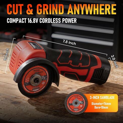 TEENO Cordless Angle Grinder Kit, 19,500 RPM Mini Electric Angle Grinding Tool with 2 pcs 16.8V 2000mAh Batteries and 6 Cutting Discs, 3-Inch Handheld Grinder for Metal/Wood Cutting and Grinding in Kuwait