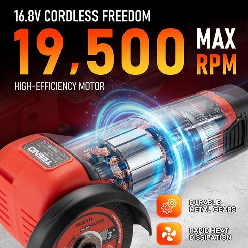 TEENO Cordless Angle Grinder Kit, 19,500 RPM Mini Electric Angle Grinding Tool with 2 pcs 16.8V 2000mAh Batteries and 6 Cutting Discs, 3-Inch Handheld Grinder for Metal/Wood Cutting and Grinding in Kuwait