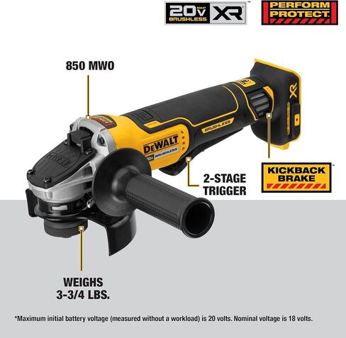 DEWALT 20V MAX* Angle Grinder Tool Cordless Brushless, 4 1/2 Inch, with Paddle Switch and Kickback Brake, Tool Only (DCG413B) | 9000 Rpm, Paddle Switch with Kickback Brake, Includes Side Handle and Guard, Battery and Charger Sold Separately in Kuwait
