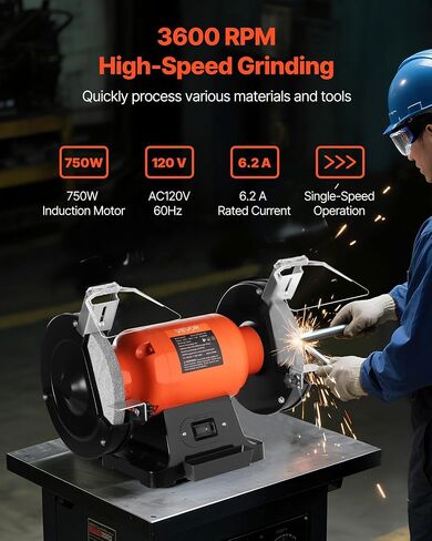 VEVOR Bench Grinder, 8-inch Single Speed, 3450RPM High-Speed Table Grinders with 750W 6.2A 1.0Hp Induction Motor, 36/60-Grit Grinding Wheel & Adjustable Eye Shield for Fast Sharpening Grinding in Kuwait