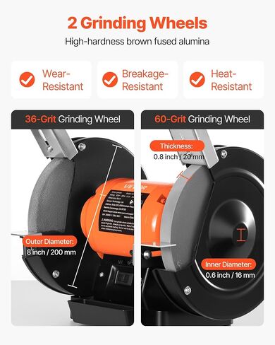 VEVOR Bench Grinder, 8-inch Single Speed, 3450RPM High-Speed Table Grinders with 750W 6.2A 1.0Hp Induction Motor, 36/60-Grit Grinding Wheel & Adjustable Eye Shield for Fast Sharpening Grinding in Kuwait