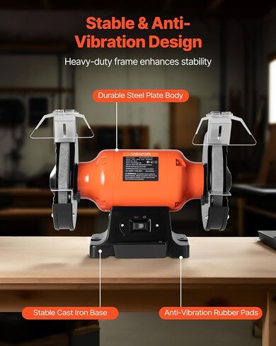 VEVOR Bench Grinder, 8-inch Single Speed, 3450RPM High-Speed Table Grinders with 750W 6.2A 1.0Hp Induction Motor, 36/60-Grit Grinding Wheel & Adjustable Eye Shield for Fast Sharpening Grinding in Kuwait