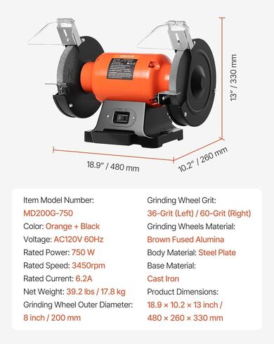 VEVOR Bench Grinder, 8-inch Single Speed, 3450RPM High-Speed Table Grinders with 750W 6.2A 1.0Hp Induction Motor, 36/60-Grit Grinding Wheel & Adjustable Eye Shield for Fast Sharpening Grinding in Kuwait