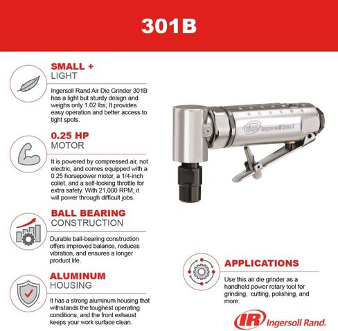 Ingersoll Rand 301B 1/4" Collet Air Die Grinder | Max free speed up to 21,000 rpm, ideal for grinding, cutting, and polishing in tight or hard-to-reach spaces in Kuwait