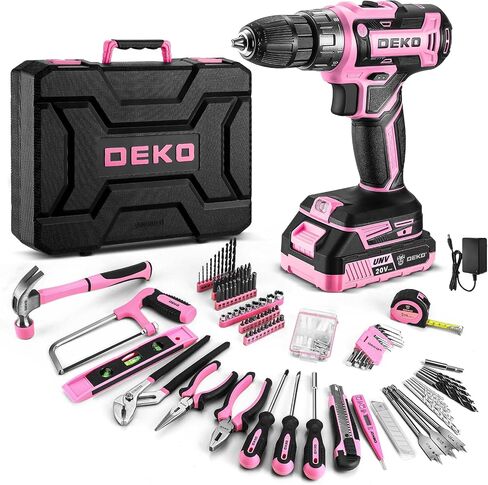 Pink Power Drill Tool Kit Set: 20V Cordless Electric Drill, Driver, Tool Box with Battery in Kuwait