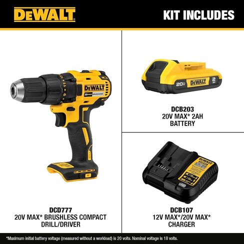 DEWALT 20V MAX Cordless Drill Driver Set, Electric Drill, Brushless 1/2 In 2 Speed, 2.0 Ah Battery and Charger Included, LED Light (DCD777D1) in Kuwait